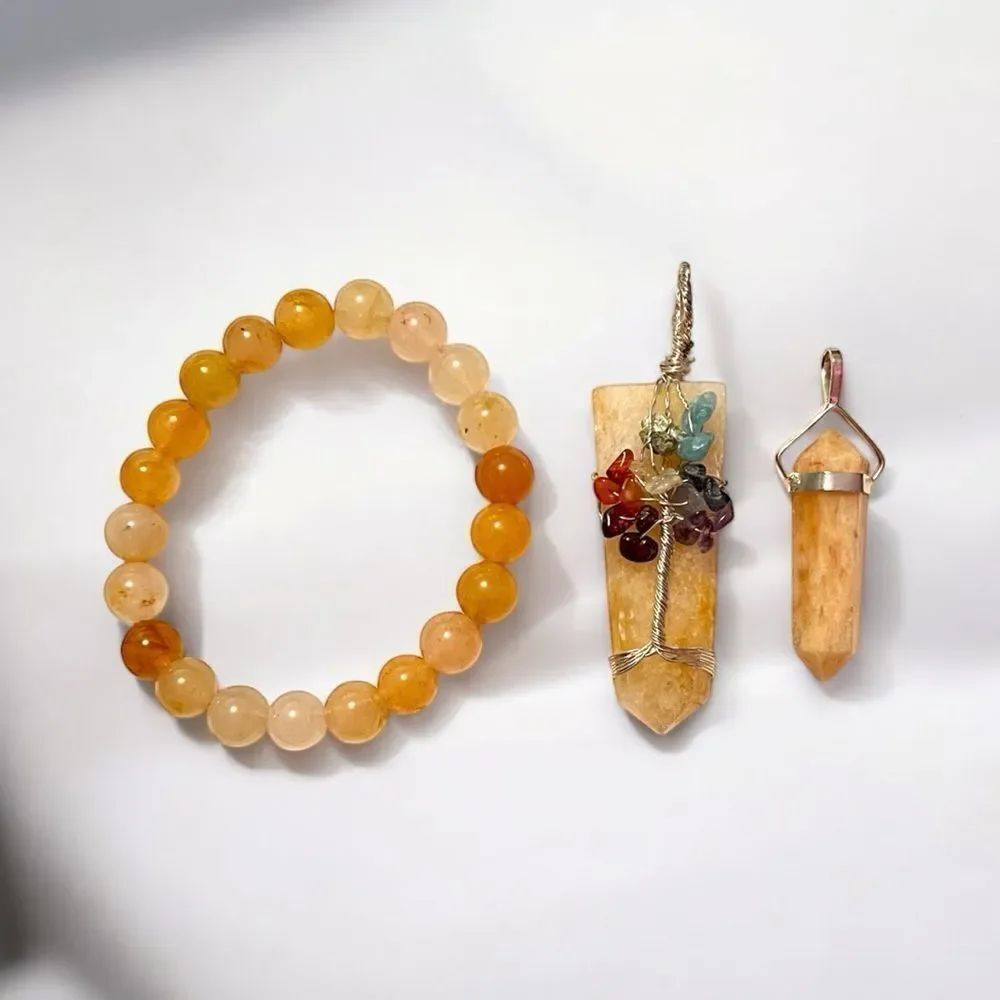 Citrine Natural Stone Stretch Bracelet and 2 Matching Pendants